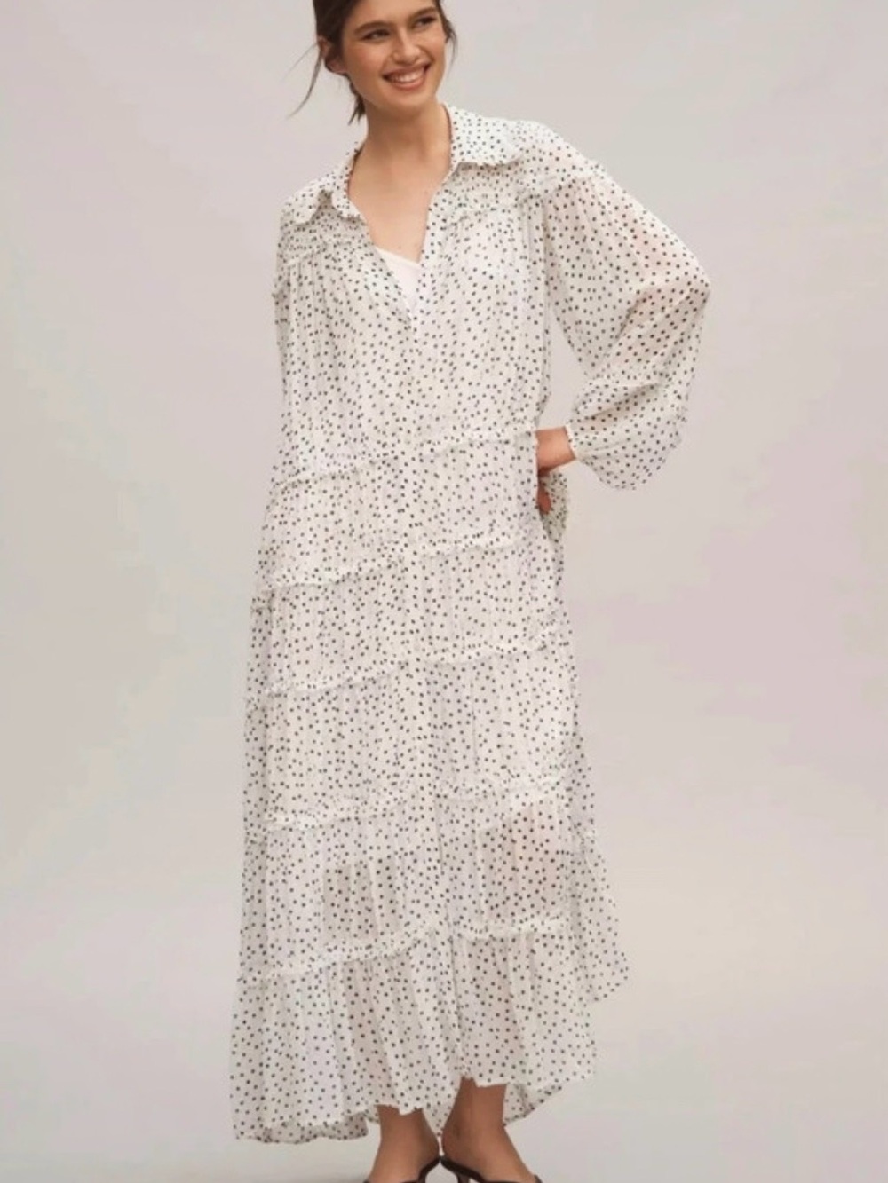 Anthropologie White Maxi Dress with Black Dot Print